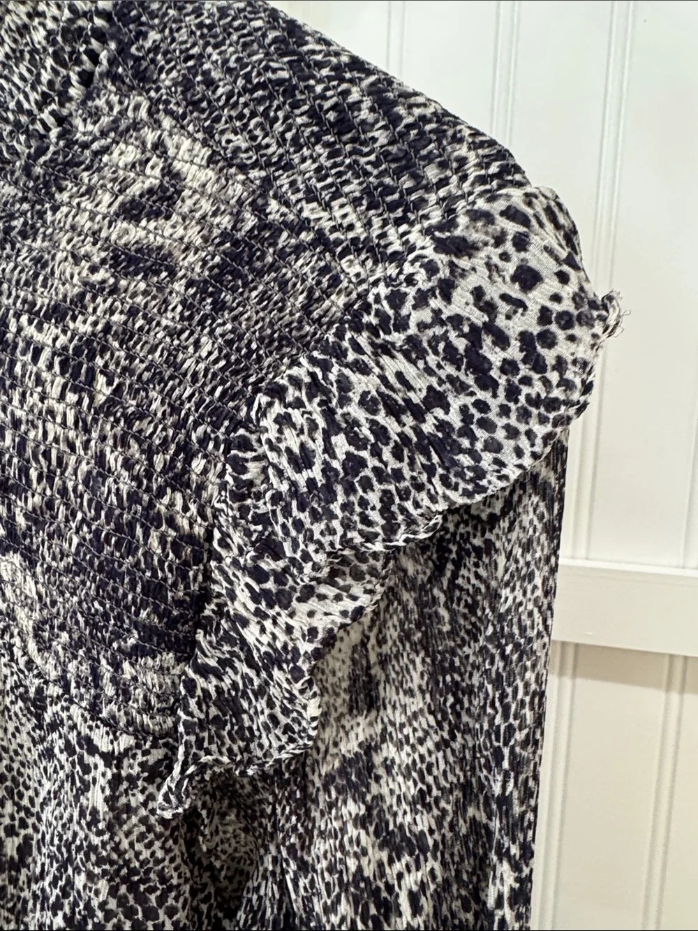 #595 FREE PEOPLE Roma Sheer Smocked-Neck Animal Print Blouse - Black & White